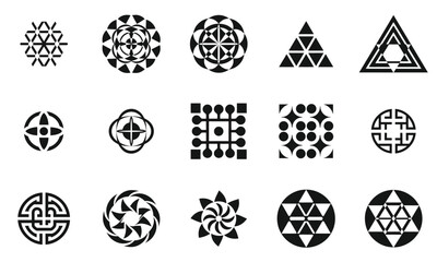 A diverse collection of intricate black and white geometric logos, showcasing a variety of shapes including circles, triangles, and spirals, evoking a modern artistic feel.