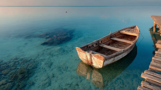 Old Wooden Boat in Calm Turquoise Water at Sunrise
