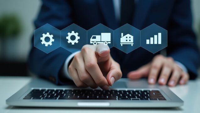 A person interacts with digital icons representing business operations.