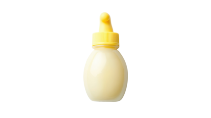 Squeezable bottle displays creamy dressing with a yellow cap, showcasing a simple design on a plain background