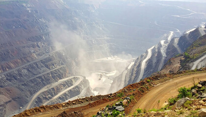 Vast, layered openpit mine. Dramatic landscape, earthy tones. Industry, resource extraction, environment, geological formations. Great for corporate, editorial use.
