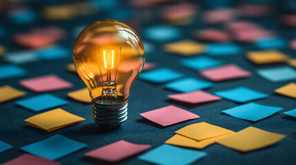 Illuminated light bulb surrounded by colorful sticky notes on a dark surface.