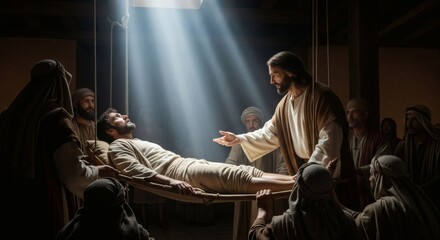 Jesus healing a paralytic man brought by friends in a house filled with people