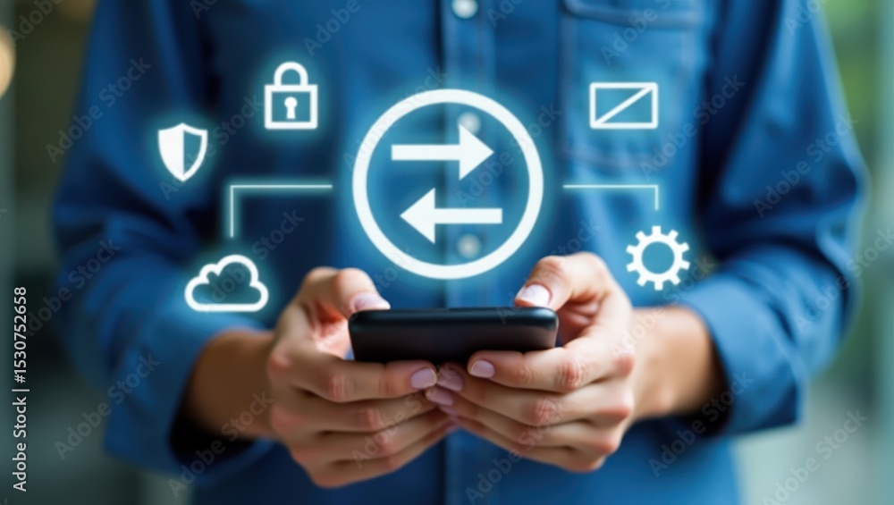 Poster person interacting with a smartphone displaying data transfer icons.