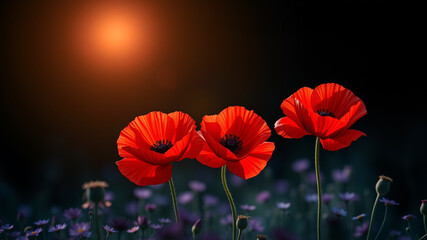 Three vibrant red poppies backlit by warm sunset light