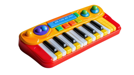 Colorful toy keyboard featuring piano keys and buttons encouraging kids to engage in musical playtime