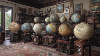 Antique globes in a grand library