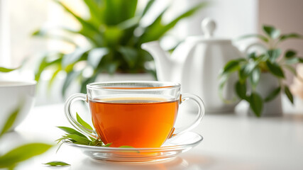 Warm cup of tea with fresh green leaves in a sunny kitchen