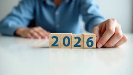 Wooden blocks displaying the year two thousand twenty-six.