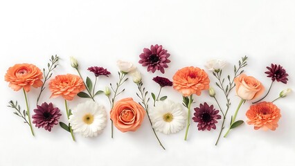 Elegant flat lay of peach and burgundy flowers on white background