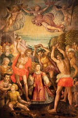 Pavia - The painting of Martirdom of St. Stephen in the Cathedral by unknown artist of 16. cent..