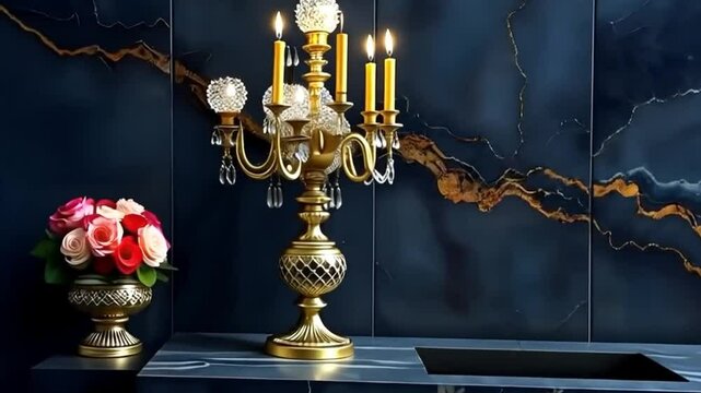 Ornate gold candelabra with lit candles and crystal accents against a dark marble backdrop