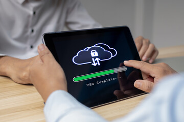 business people downloading file transfer on mobile digital tablet, data management, backup storage management, cloud computing, artificial intelligence, cloud storage technology concept