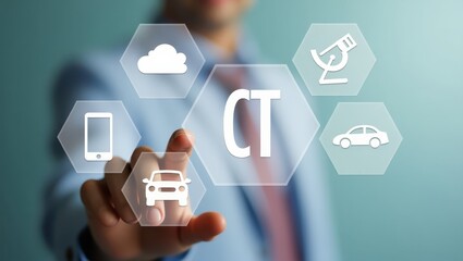 A hand touching a futuristic interface with icons representing technology.