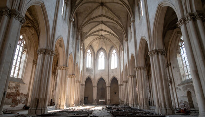 Fototapeta premium Dramatic view inside a weathered cathedral, highlighting grand arches and light. Evokes history, decay, faith, architecture. Ideal for concepts of time, loss, or rebirth.