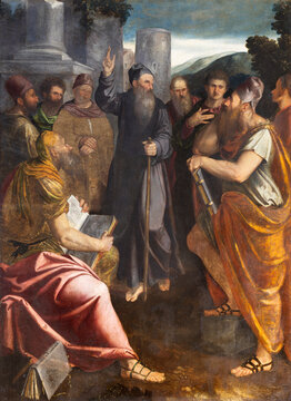 LODI, ITALY - MAY 21, 2025: The painting of Preaching of St. Antony the Abbot in church Chiesa Beata Vergine Incoronata by Callisto Piazza (1529 - 1561).