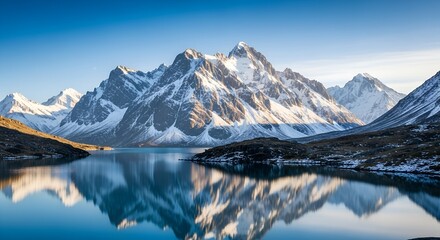 Snowy mountain range reflected in calm lake water