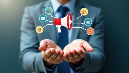 Businessman presenting a digital megaphone with interconnected icons.