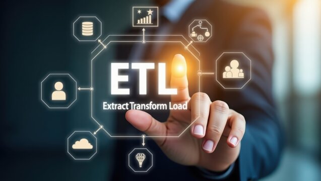 Person's finger touching a digital display showing the acronym etl.