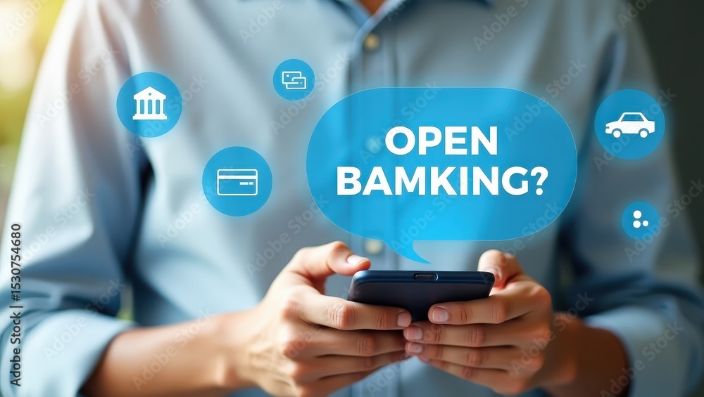 Poster mobile device displaying the concept of open banking.