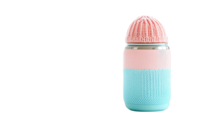 This unique thermos features a vibrant blue and pink design with a knitted cozy and playful hat, perfect for hot drinks