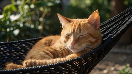 A close-up of a relaxed orange tabby cat peacefully sleeping on a black woven hammock outdoors.