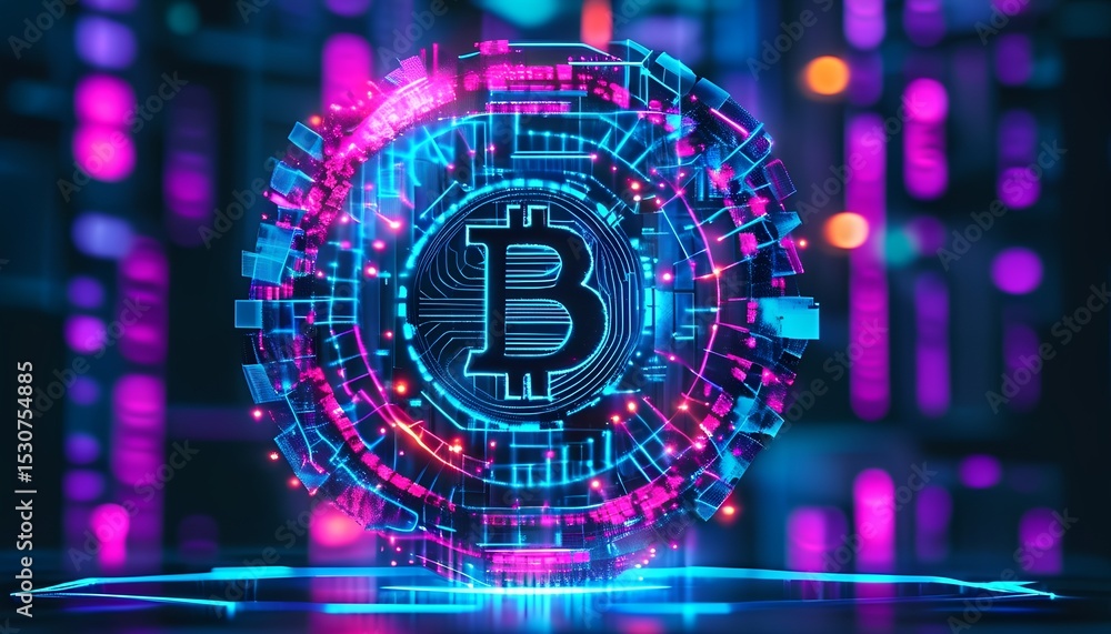 Poster futuristic bitcoin symbol with glowing neon circuitry and abstract background representing digital c