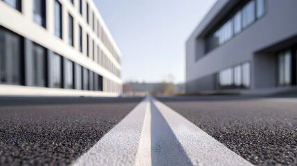 Obraz premium Empty road leading to a modern building with clean lines, bathed in soft afternoon light, conveying minimalist serenity.
