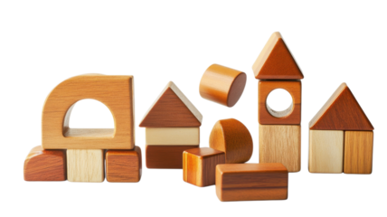 Children engage in imaginative play by stacking and arranging colorful wooden blocks into various shapes