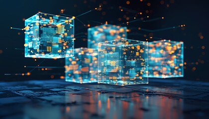 Abstract Digital Data Cubes with Glowing Connections Representing Blockchain Technology Artificial Intelligence and Data Processing with a Futuristic and Technological Aesthetic