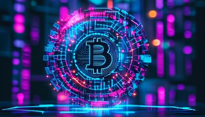 Futuristic Bitcoin Symbol with Glowing Neon Circuitry and Abstract Background representing digital currency blockchain technology and the future of finance in a vibrant and modern