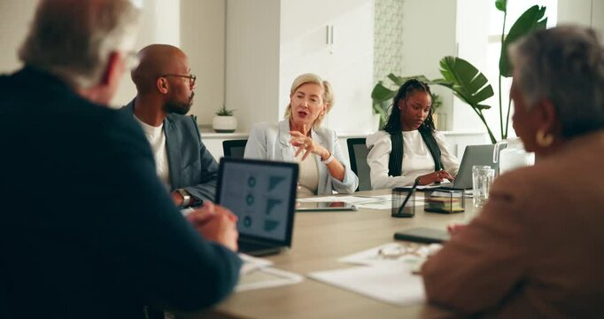 Pitch, talking and meeting with business people in office for account manager, investment banker or review. Collaboration, strategy analyst and revenue report with employee in finance agency