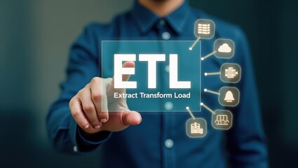 Person touching a digital display showing etl.