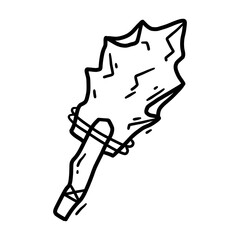 Vector linear hand drawn icon of a primitive stone axe in doodle style.