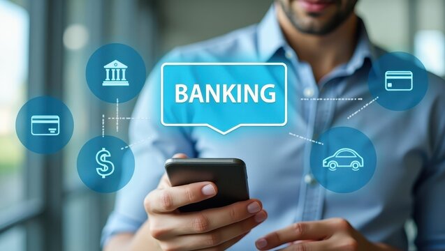 Mobile banking interface with various financial icons. - Powered by Adobe