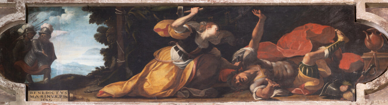 PIACENZA, ITALY - MAY 19, 2025:  The painting of Jael and Sisera in the church Basilica di Santa Maria di Campagna by Benedictus Marinus (1625).