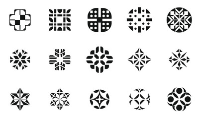 A collection of intricate black and white geometric logos, showcasing various designs like crosses, circles, and stars, ideal for artistic projects.