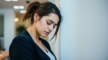 A young woman, a manager in a business center, stands in her office tired and rests her head against the white wall from burnout.