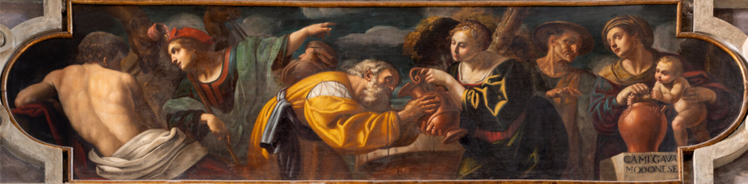 PIACENZA, ITALY - MAY 19, 2025:  The painting of Rebecca and Isaac in the church Basilica di Santa Maria di Campagna by Camillo Gavasetti (1596 &ndash; 1630)