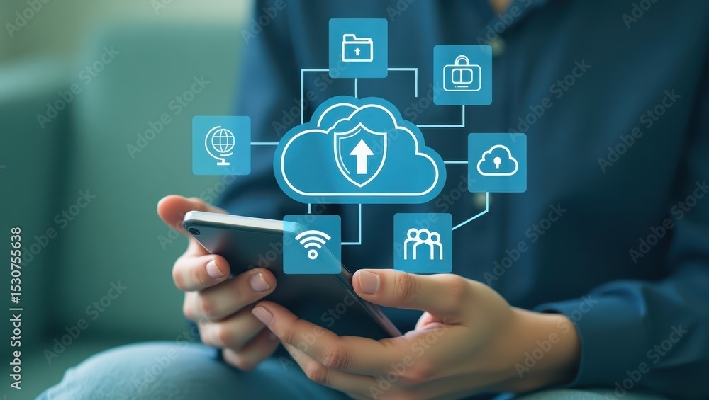 Poster person using a smartphone with cloud storage and security interface.