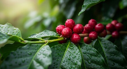 Ripe red coffee cheries on branch with green leaves