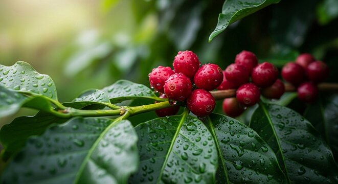 Ripe red coffee cheries on branch with green leaves