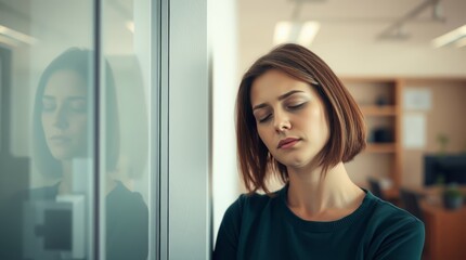 A tired young employee of a business center, closing her eyes from constant problems at work and in business, stands in the office. A woman with a short haircut and in a sweater