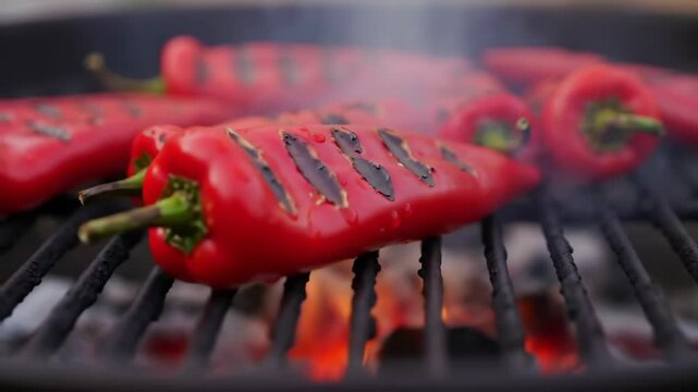 Red bell peppers grilling over open flames for summer barbecue cookout video