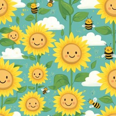 Chubby sunflowers with happy faces, surrounded by bees and clouds, arranged in a playful farm garden scene