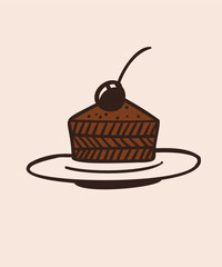 Flat Design Illustration with Cherry Cake at Hand Draw Doodle Style