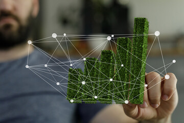 Eco-friendly business growth visualized. Network graph shows sustainable development.