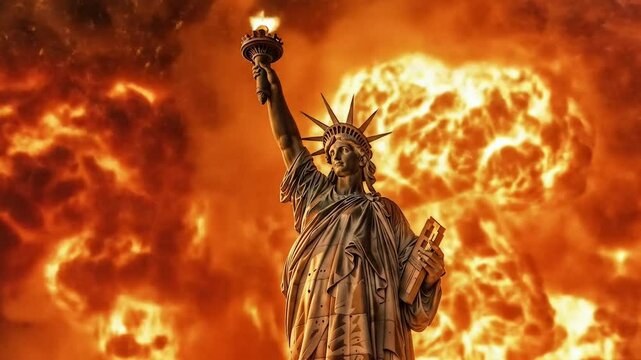 Statue of Liberty in United States with flames and explosion background, representing internal crisis, clashes, protests and threat of impeachment and American civil war. Chaos and disorder in USA
