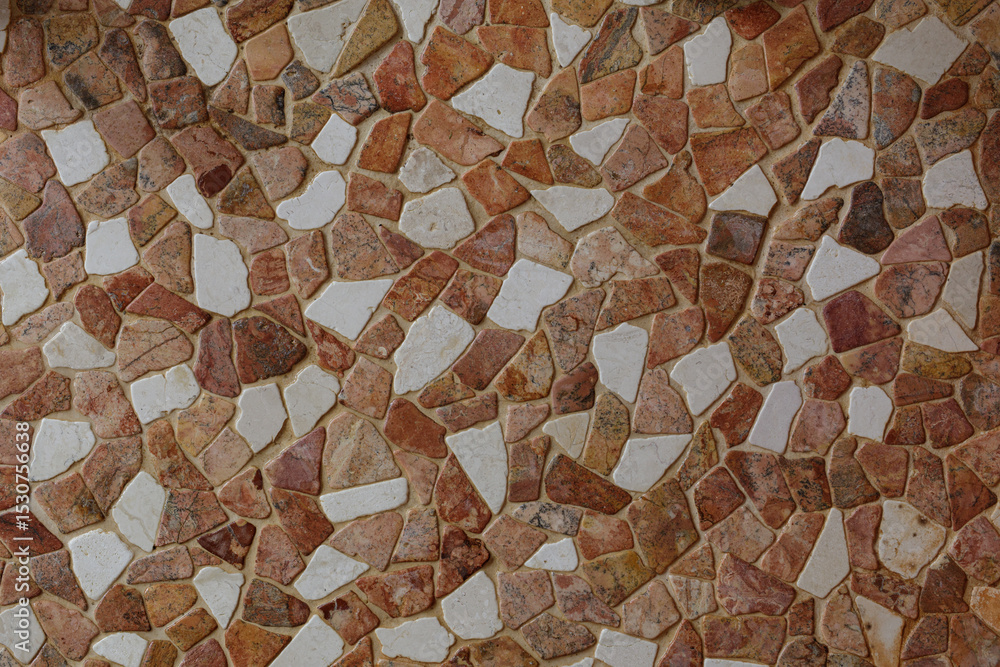 Poster High-resolution image of a mosaic tile texture with red and white stones. Perfect for background or texture.