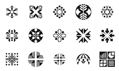 A diverse collection of intricate black and white abstract logos showcasing geometric shapes and designs, ideal for creative projects and branding.